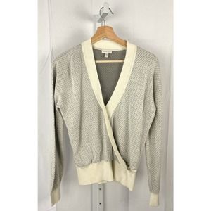 GARNET HILL Tendu Cotton Sweater Surplice Fixed Wrap Cotton Knit Gray Cream S